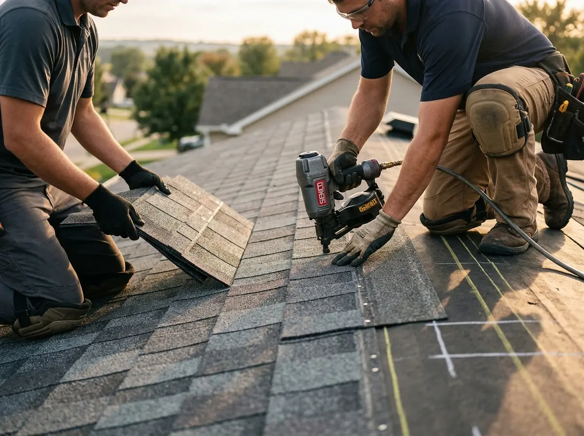Professional roofer working on a residential roof in Polson